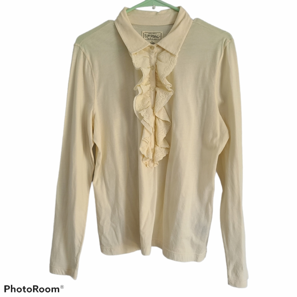 Ralph Lauren cream ruffle neck top long sleeve size Large 100% cotton